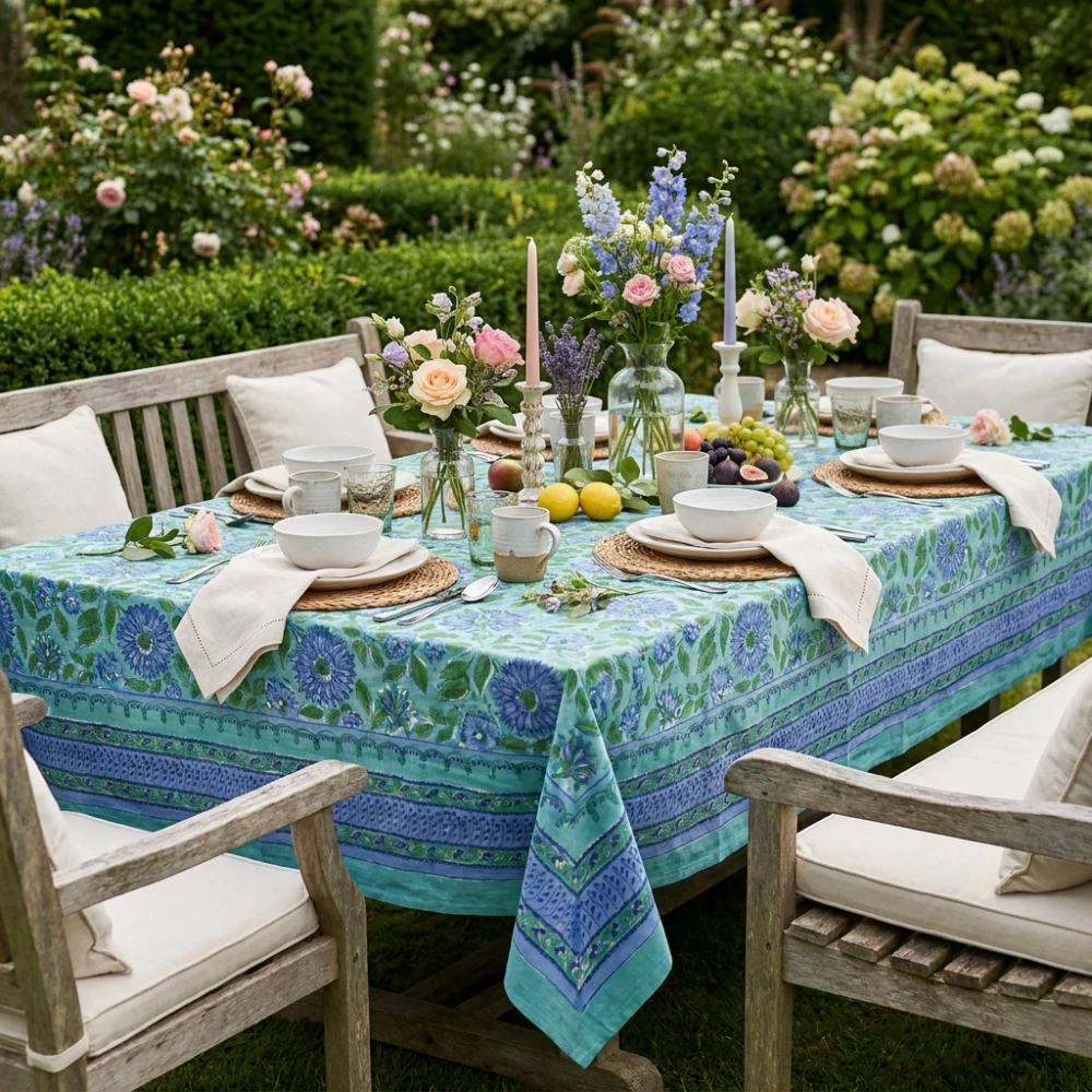 Image of Hand Block Printed Cotton Tablecloth 150x220 cms | Surajmukhi Blue Gud 106164