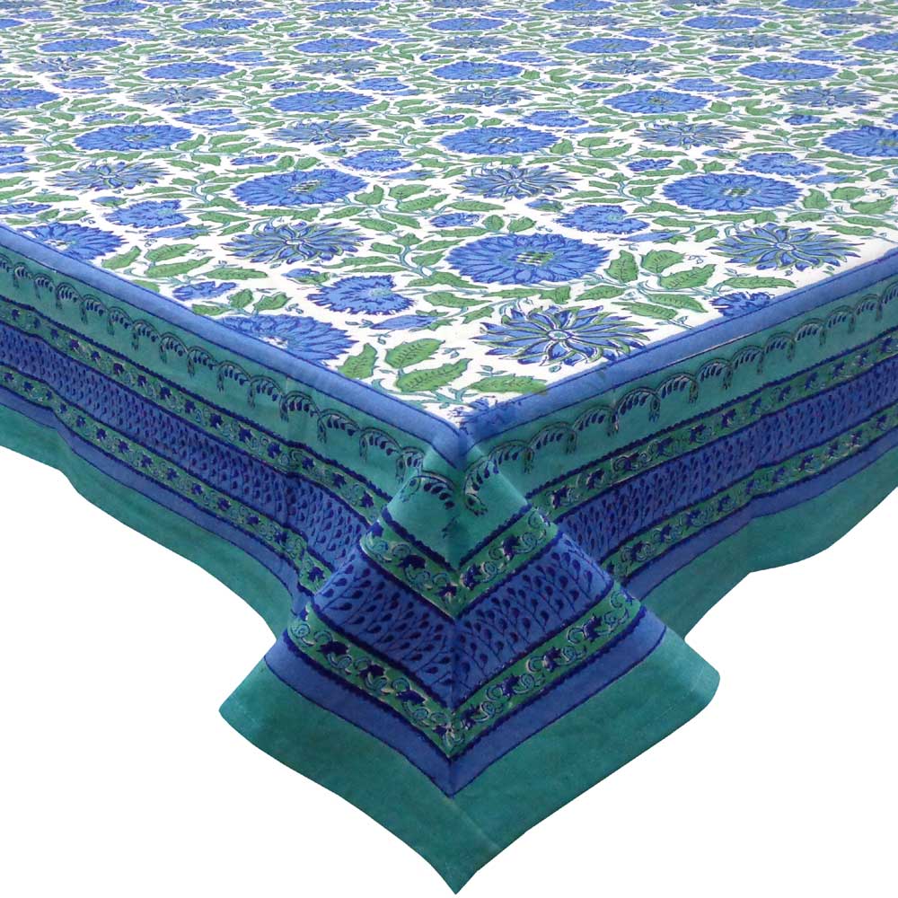 Square Tablecloth in Cotton Hand Block Printed Cotton Tablecloth 180x180 cms Surajmukhi Blue Open 109146