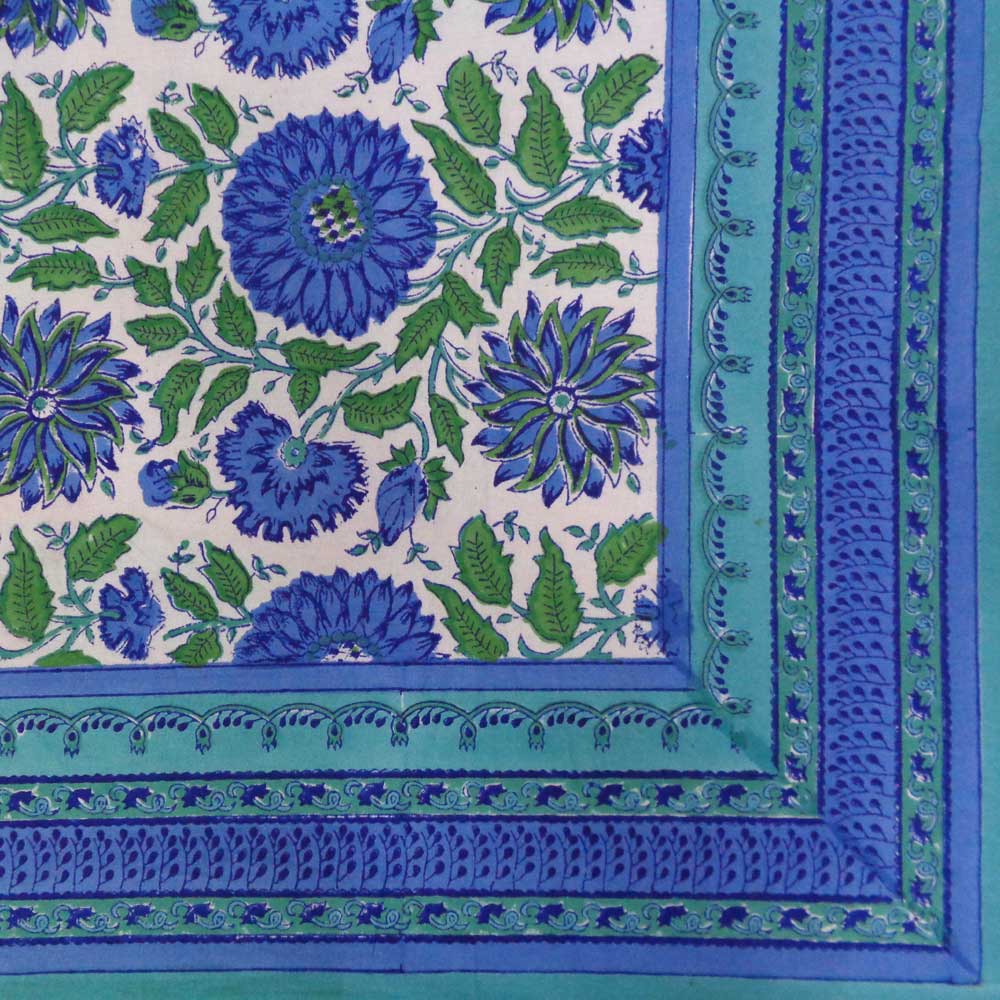 Square Tablecloth in Cotton Hand Block Printed Cotton Tablecloth 220x220 cms Surajmukhi Blue Open 109146