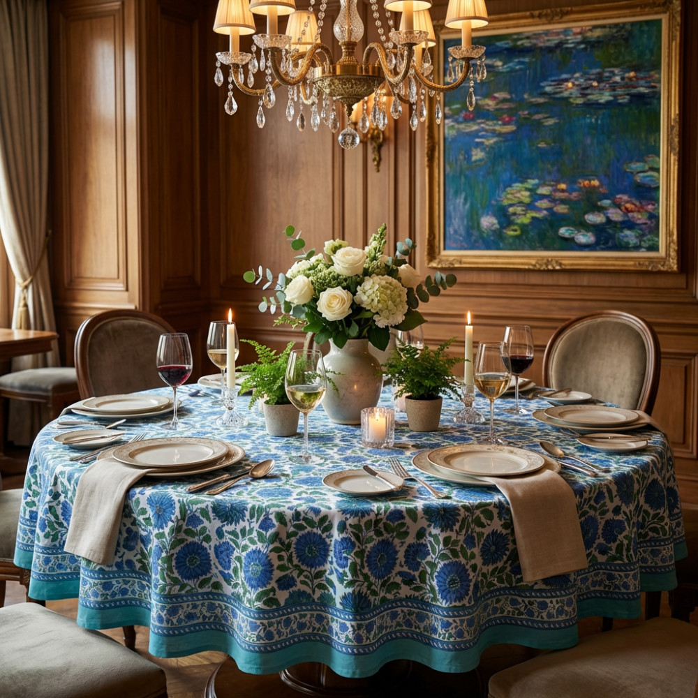 Image of Hand Block Printed Cotton Round Tablecloth 180 cms | Surajmukhi Blue Open 207560