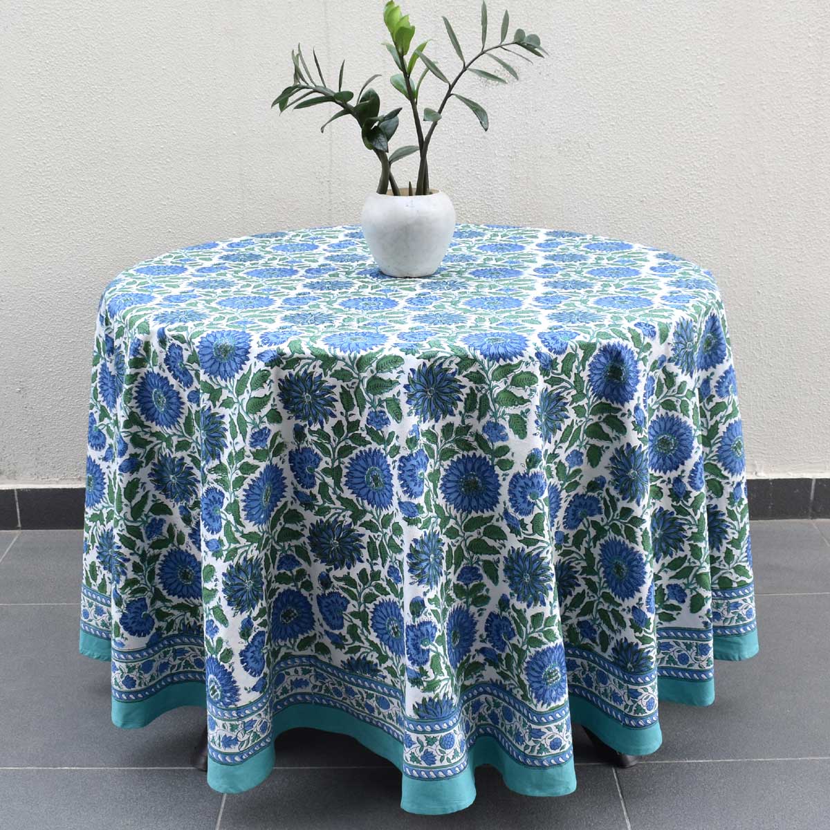 Hand Block Printed Cotton Round Tablecloth 220 cm Surajmukhi Blue Open 207560