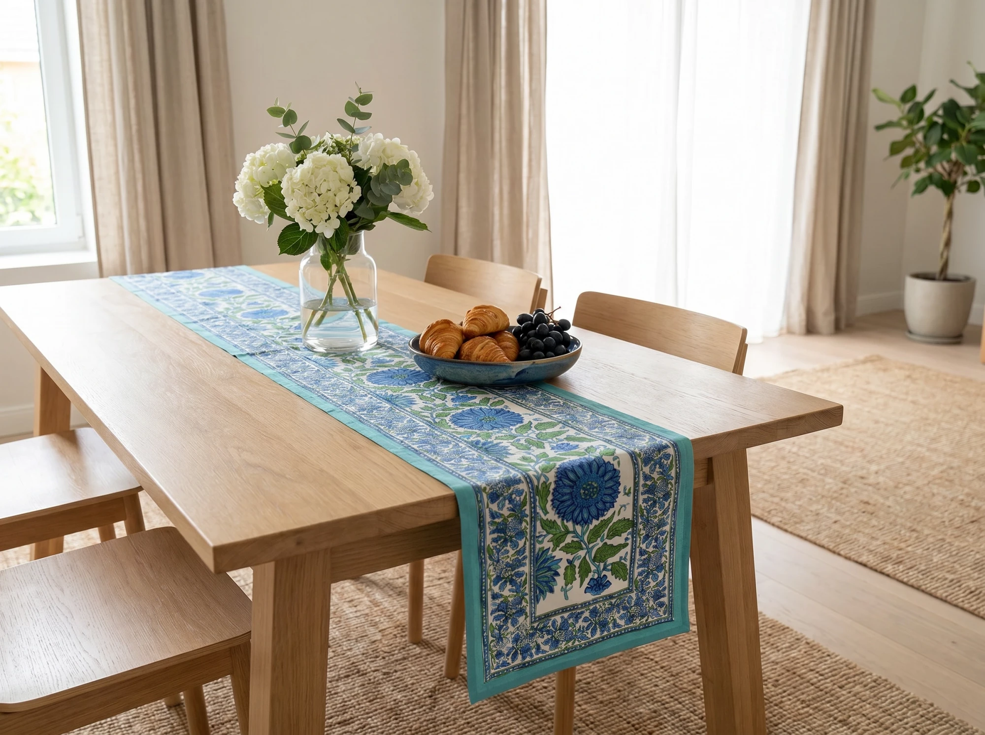 Hand Block Printed Cotton Canvas Table Runner 33x120 cms Surajmukhi Blue Open 207560