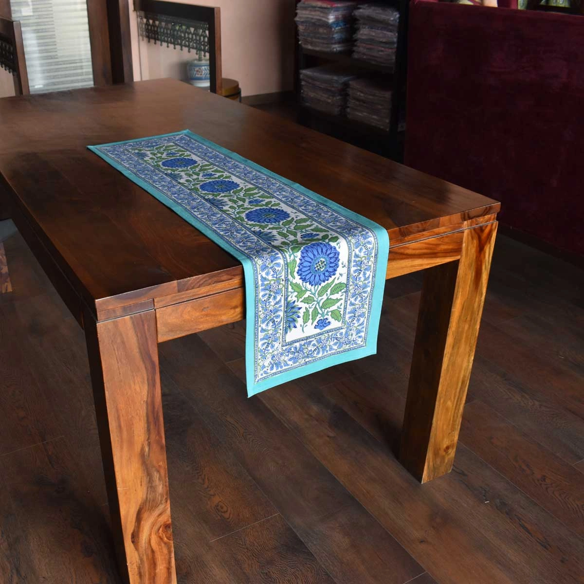 Hand Block Printed Cotton Canvas Table Runner 33x120 cms Surajmukhi Blue Open 207560