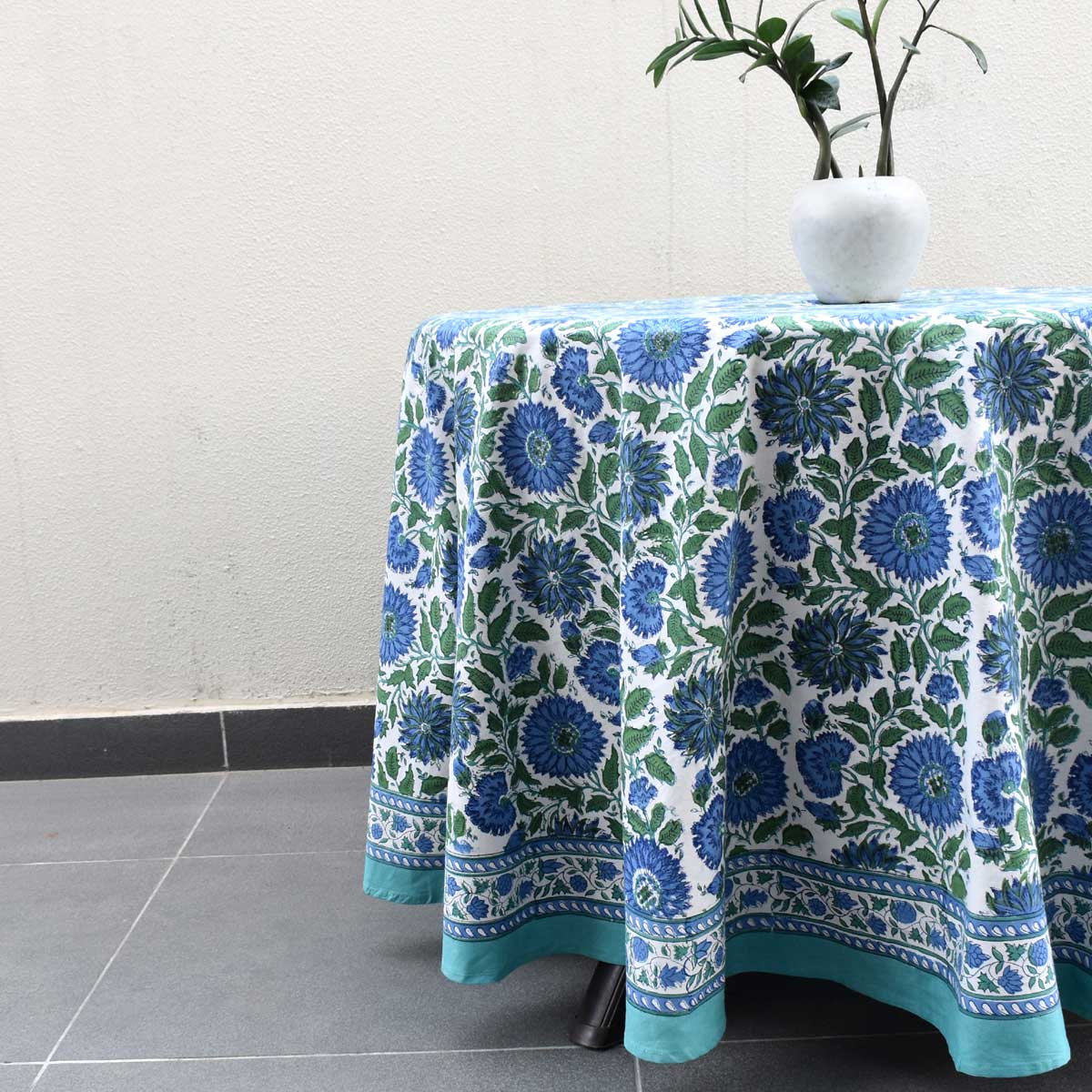 Hand Block Printed Cotton Round Tablecloth 220 cm Surajmukhi Blue Open 207560