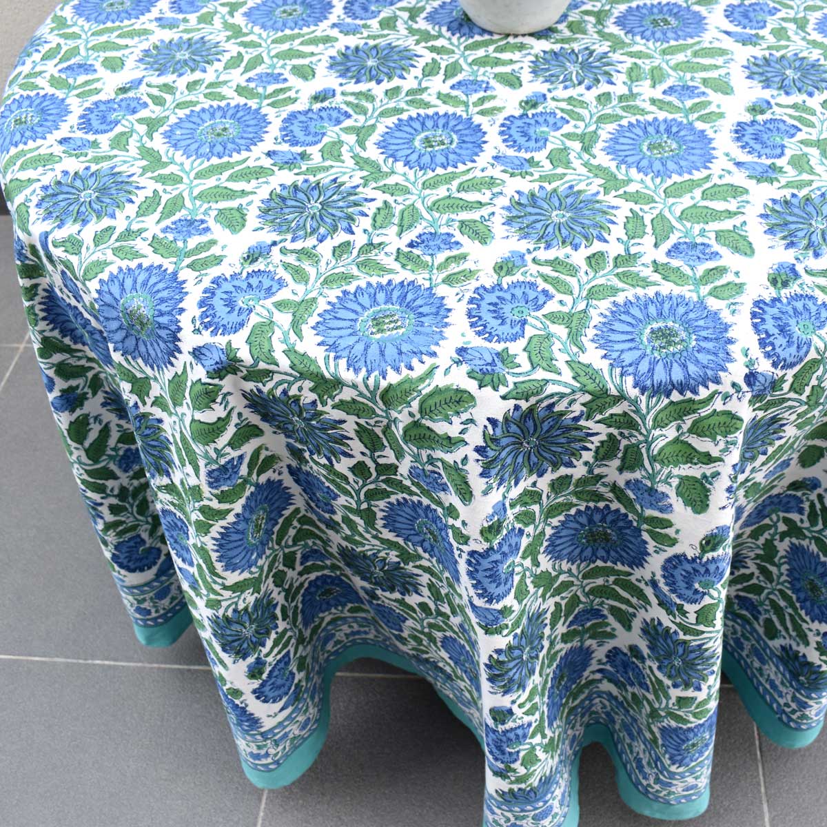Hand Block Printed Cotton Round Tablecloth 220 cm Surajmukhi Blue Open 207560