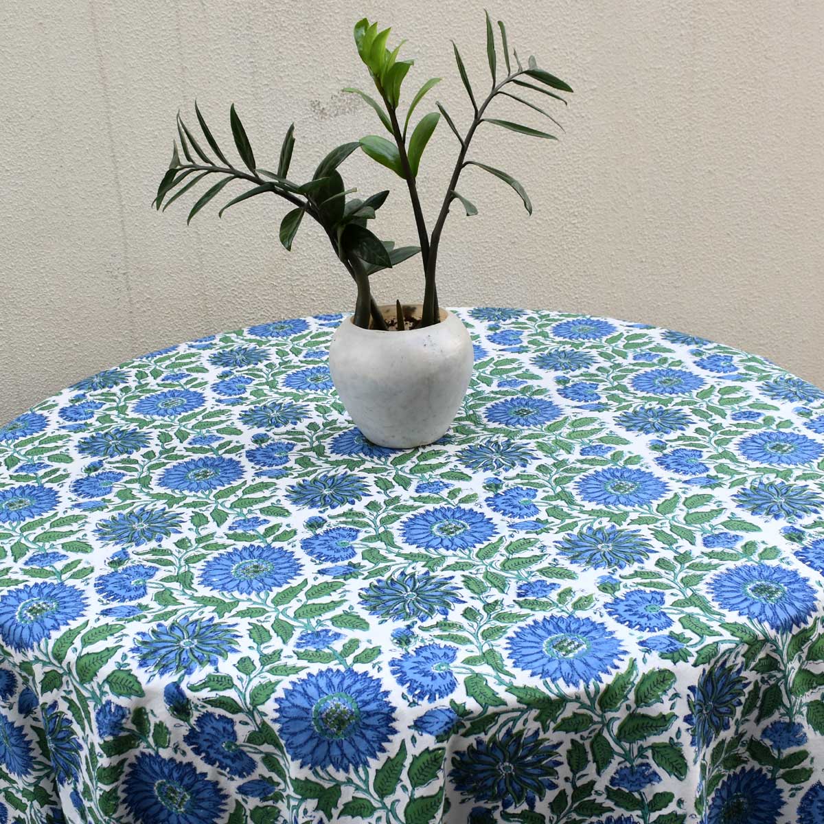 Hand Block Printed Cotton Round Tablecloth 180 cms Surajmukhi Blue Open 207560