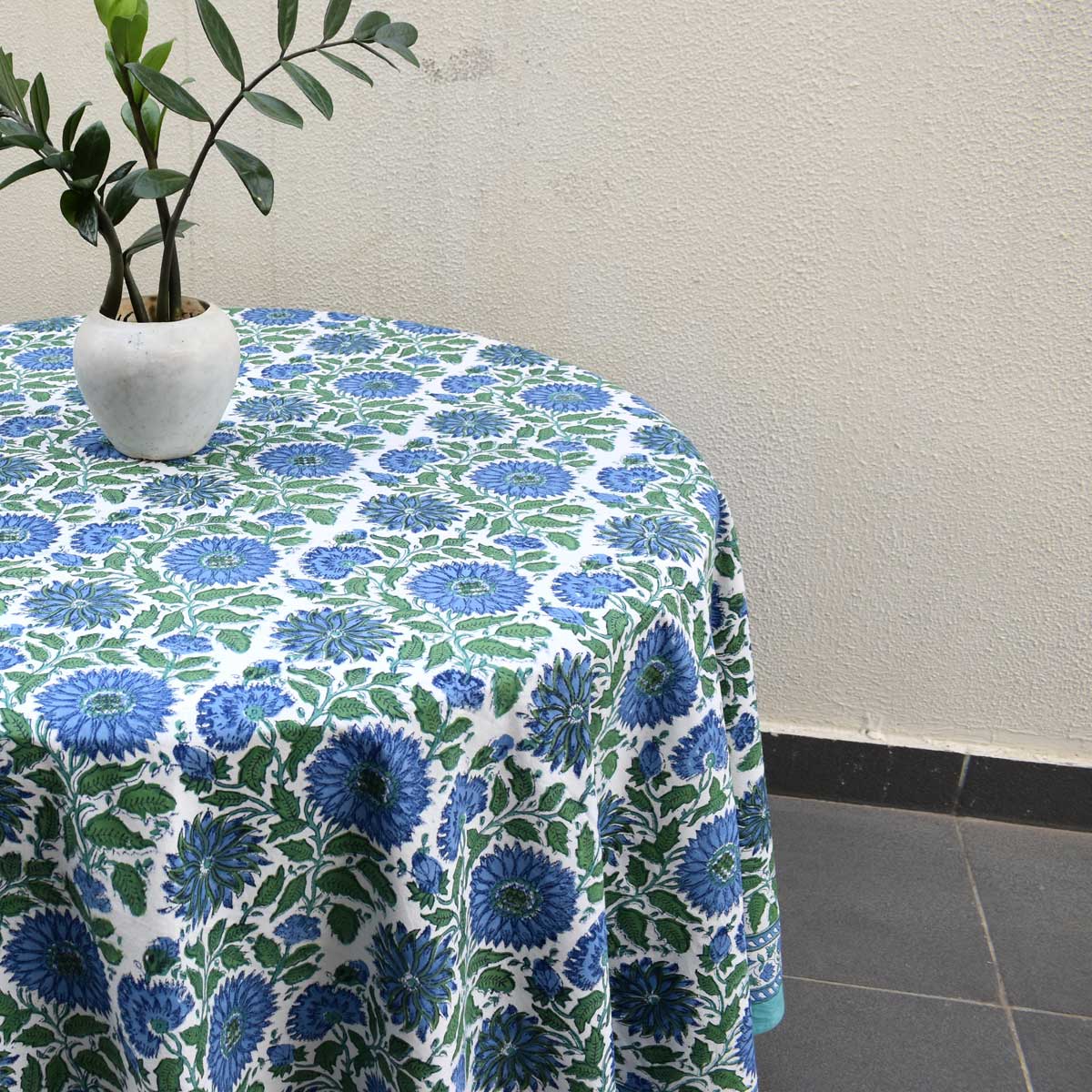 Hand Block Printed Cotton Round Tablecloth 220 cm Surajmukhi Blue Open 207560