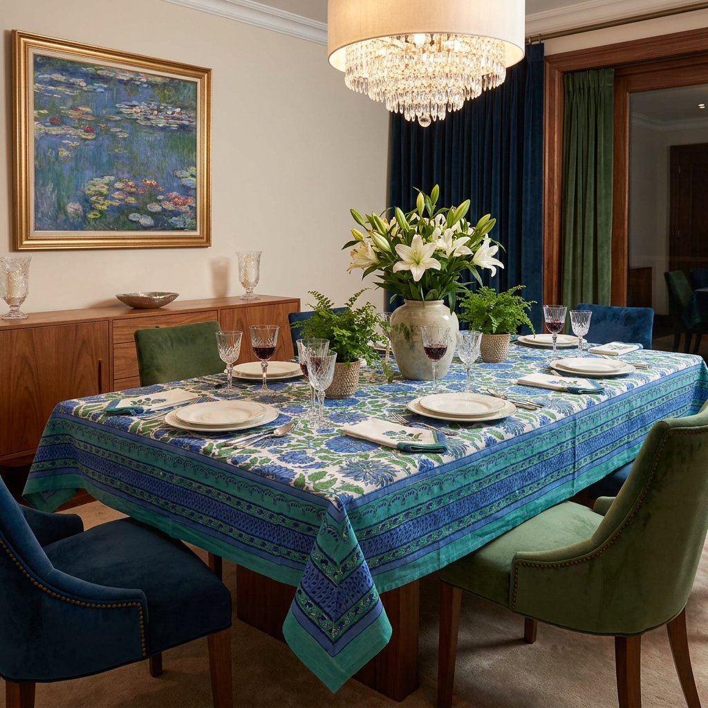 Hand Block Printed Cotton Tablecloth 180x270 cms Surajmukhi Blue Open 207560