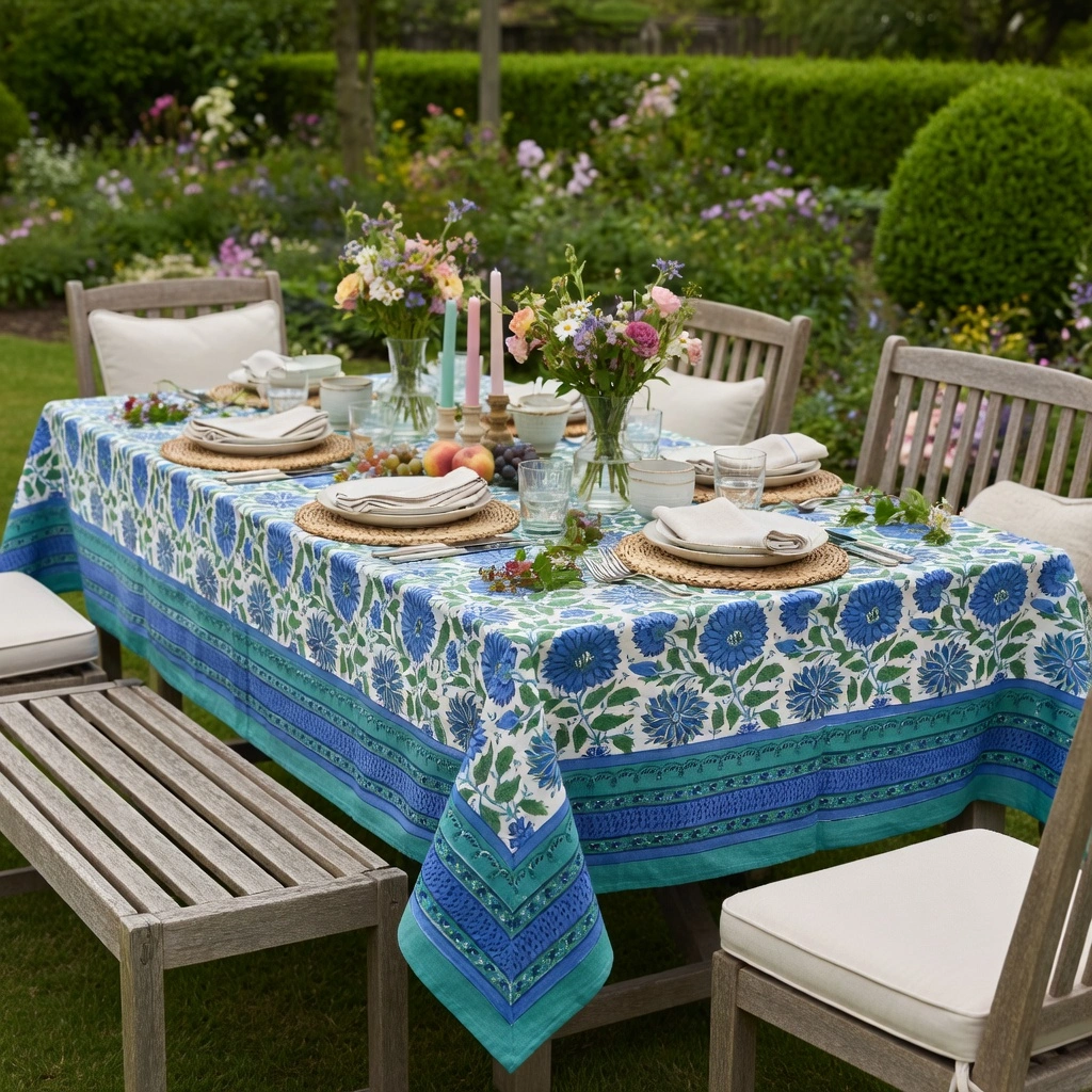 Hand Block Printed Cotton Tablecloth 150x220 cms  Surajmukhi Blue Open 207560