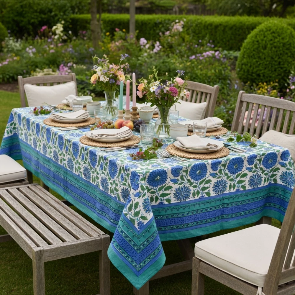 Image of Hand Block Printed Cotton Tablecloth 180x270 cms | Surajmukhi Blue Open 207560