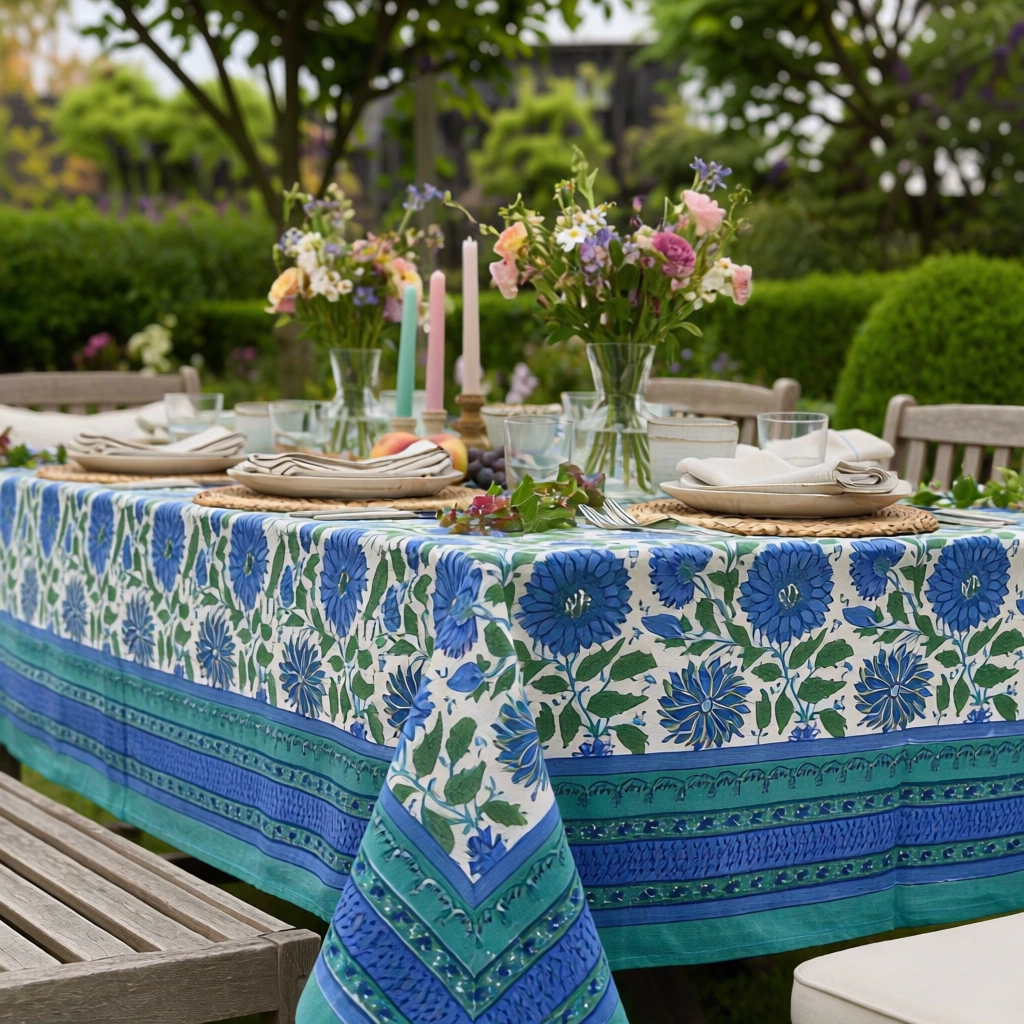 Hand Block Printed Cotton Tablecloth 150x220 cms  Surajmukhi Blue Open 207560