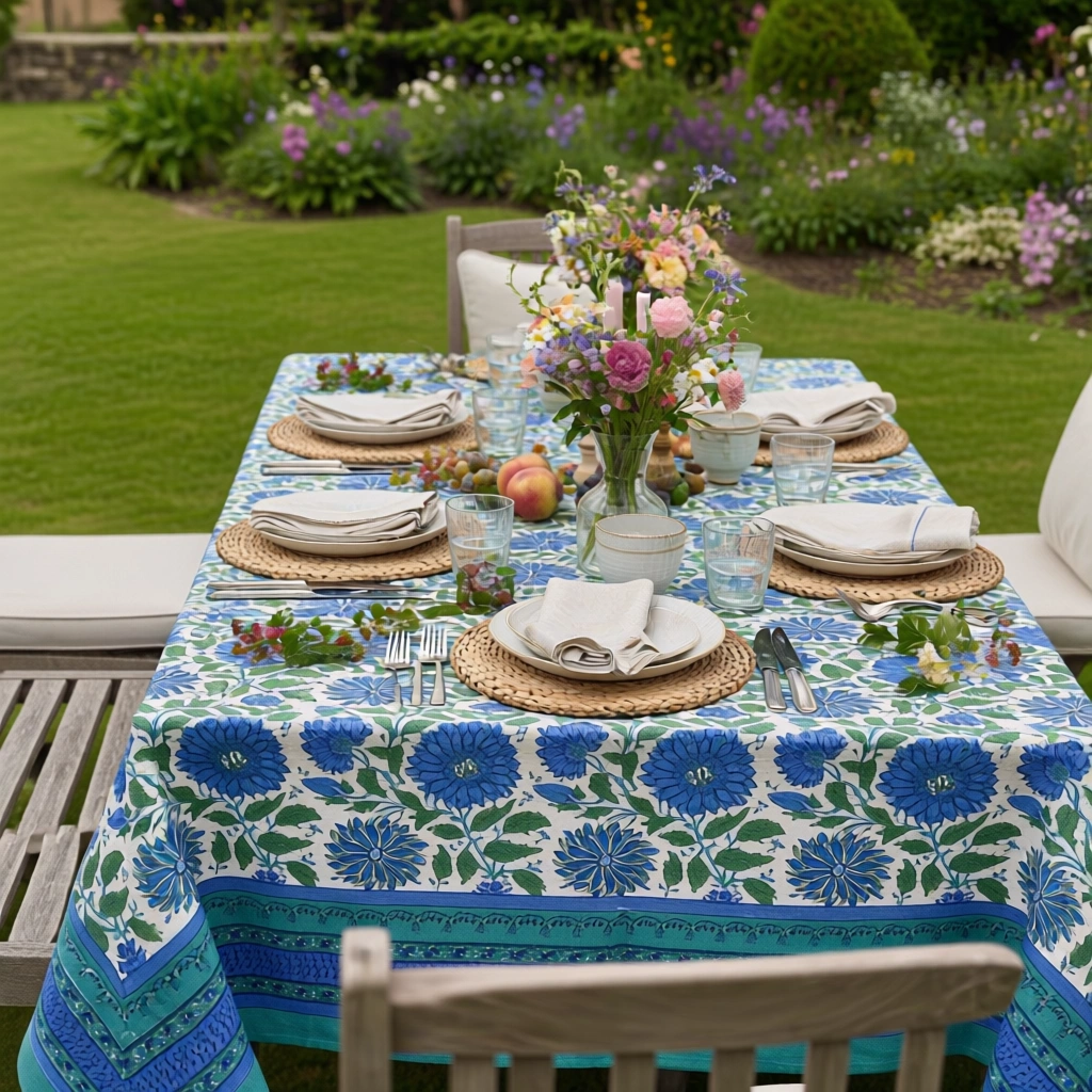 Hand Block Printed Cotton Tablecloth 150x220 cms Surajmukhi Blue Open 207560