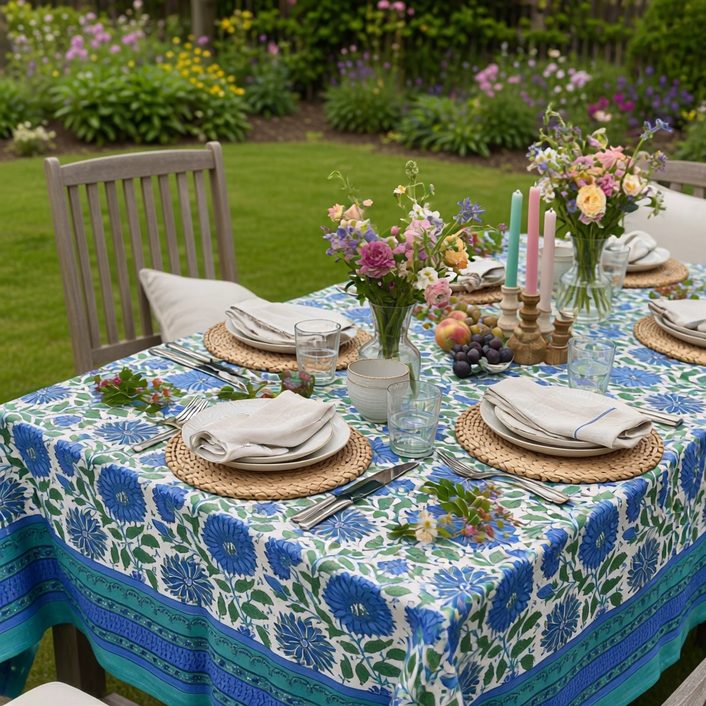 Hand Block Printed Cotton Tablecloth 150x220 cms Surajmukhi Blue Open 207560