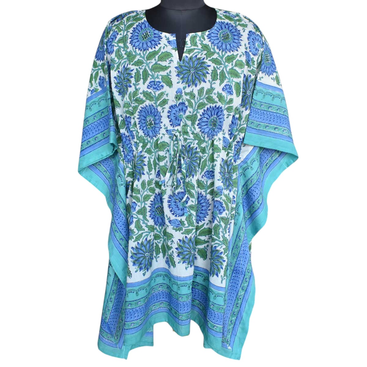 String Kaftan Free Size Indian Block Printed on Soft Cotton Voile Surajmukhi Blue Open 207601