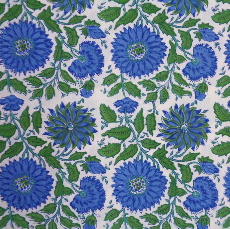 Hand Block Printed on 100 Cotton 5 Yard Fabric SANGANER Surajmukhi Blue Open 207601