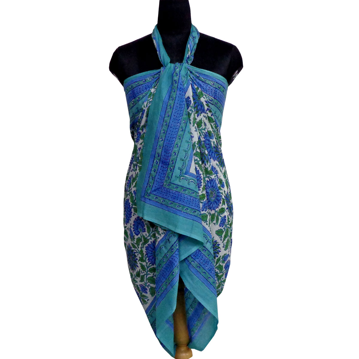 Beach Wrap Sarong Womens Swimwear Wraparound Pareo Soft Cotton Hand Block Printed Surajmukhi Blue Open 207601