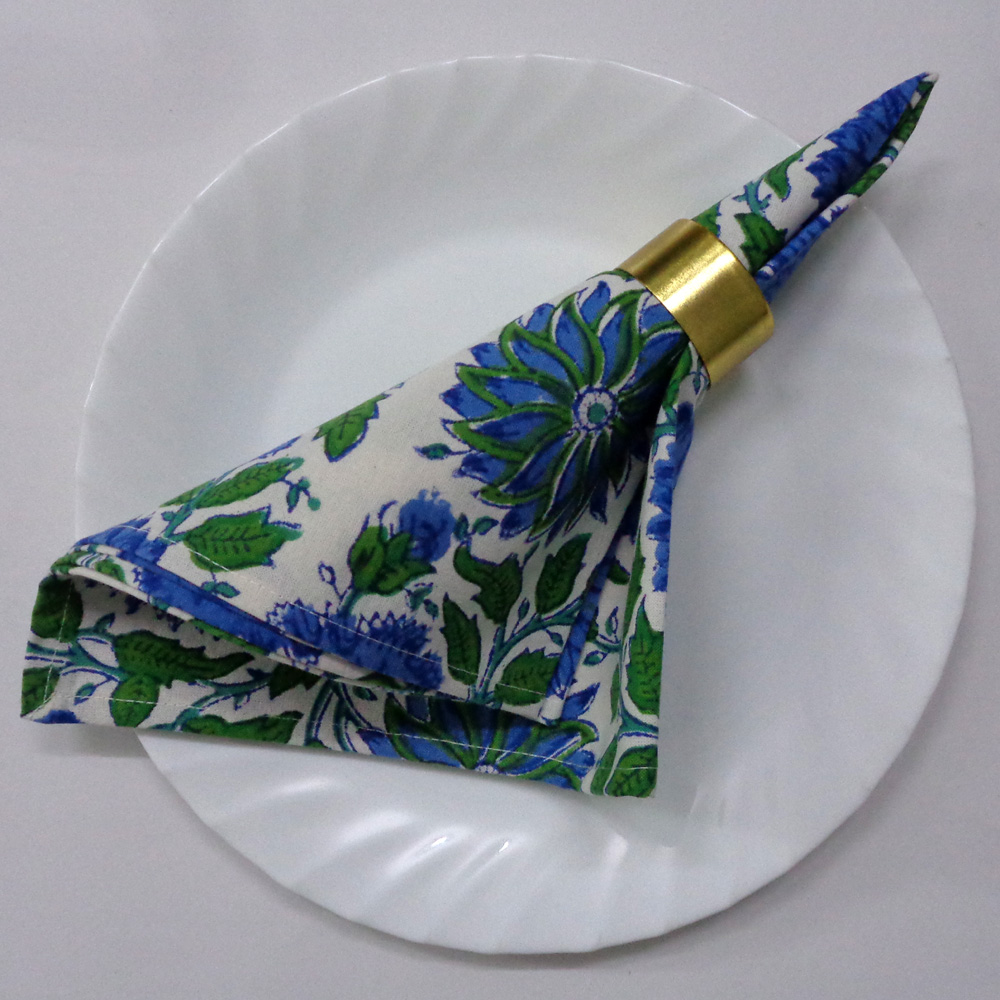 Hand Block Printed Cotton Napkin 45x45 cms Set of 4 Napkins Surajmukhi Blue Open 207560