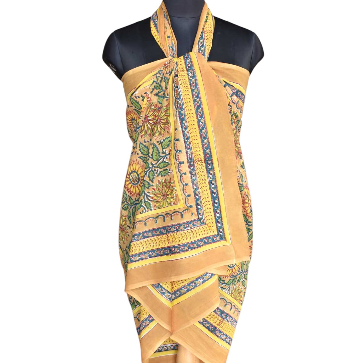 Beach Wrap Sarong Womens Swimwear Wraparound Pareo Soft Cotton Hand Block Printed Surajmukhi Canary Gud 102383