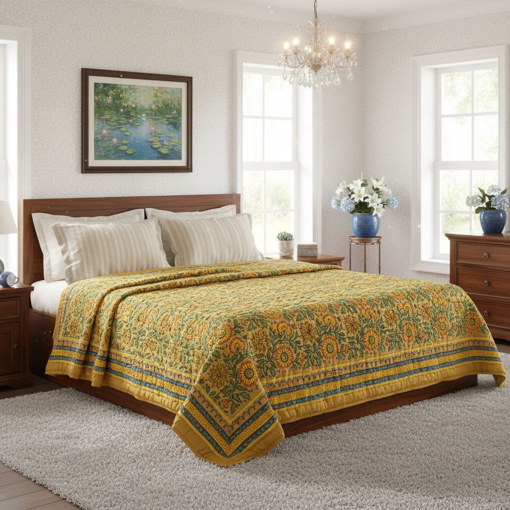 Hand Block Printed Cotton Twin Size Quilt Surajmukhi Canary Gud 102383