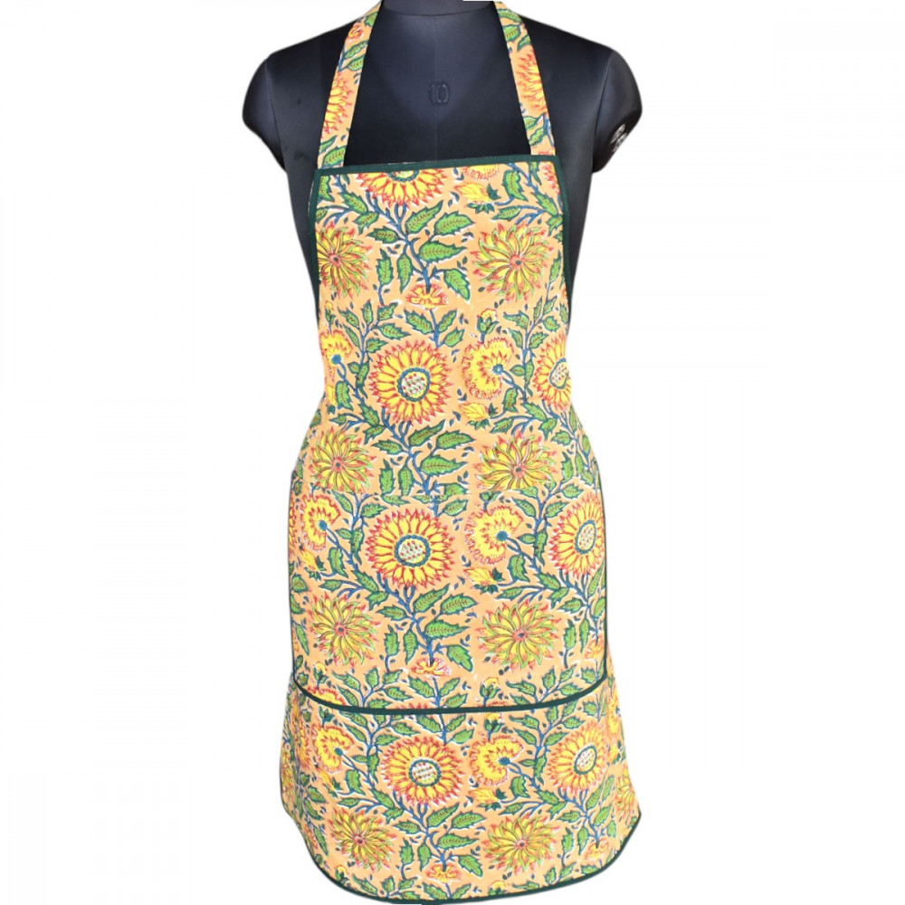 Image of Indian Block-Printed 100% Cotton Apron |  Surajmukhi Canary Gud 102383