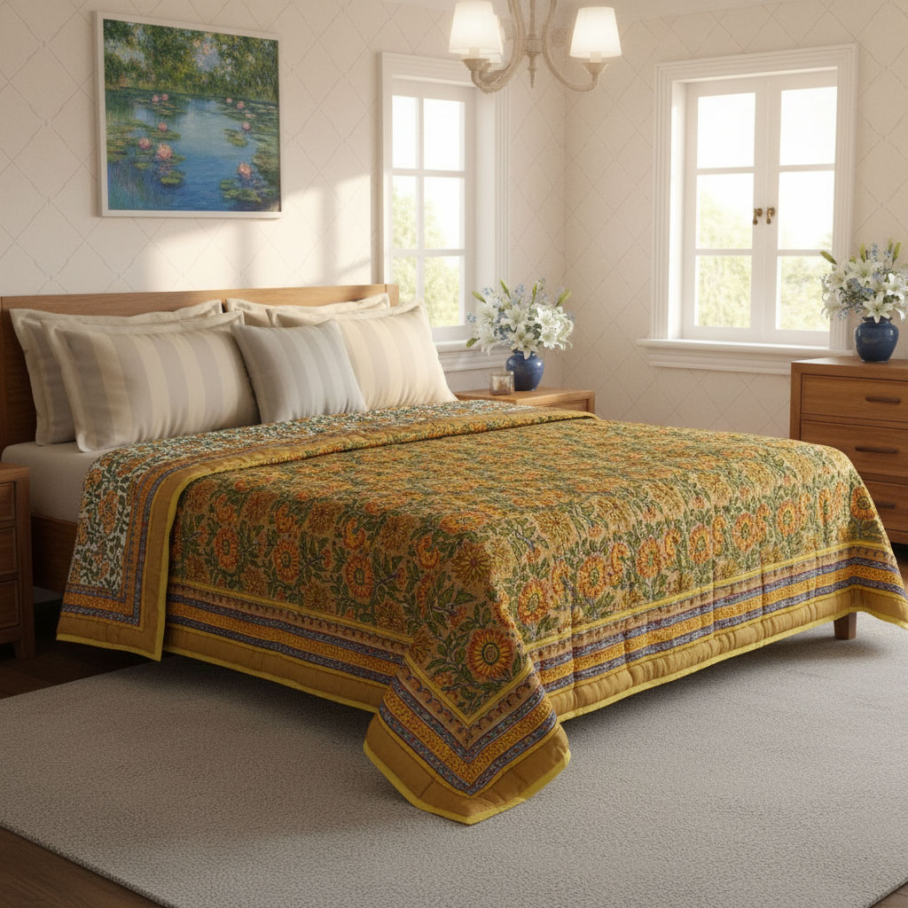 Hand Block Printed Cotton Queen Size Quilt Surajmukhi Canary Gud 102383