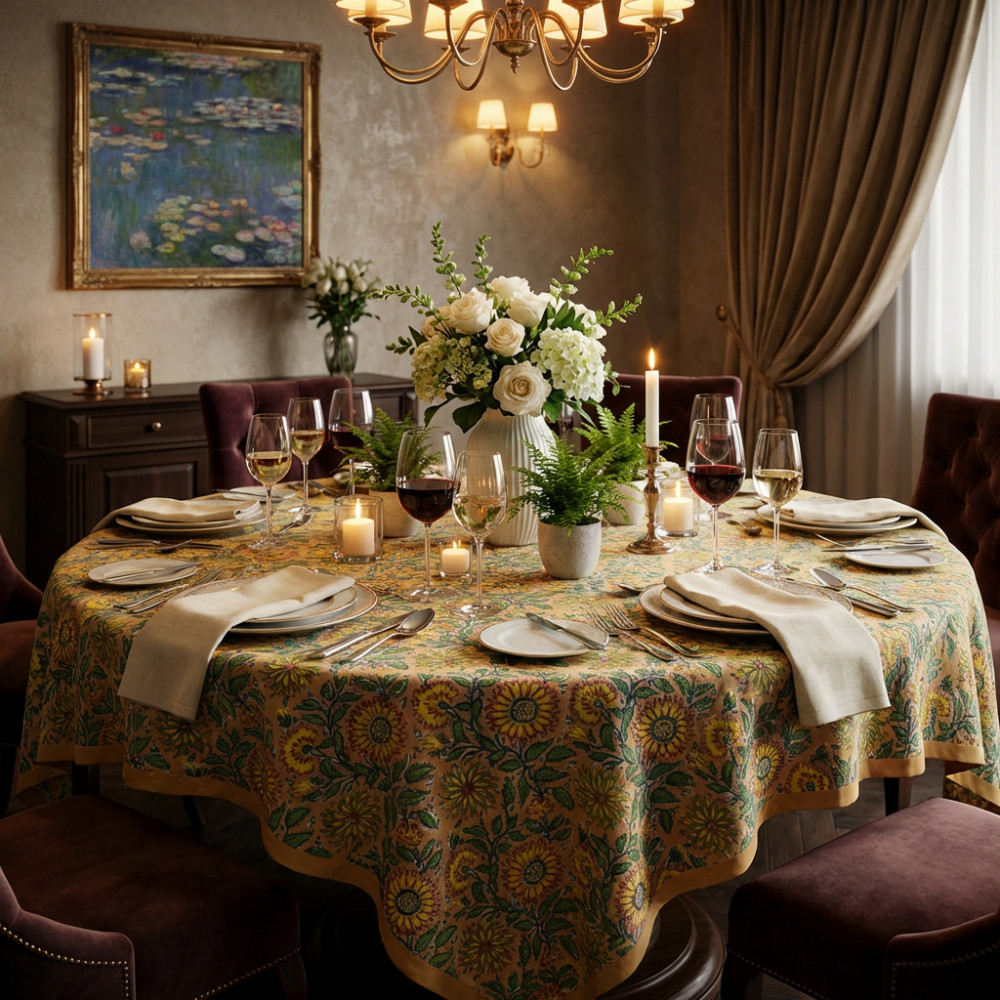 Image of Round  275 cms 100% Cotton Tablecloth | Surajmukhi Canary Gud 102383