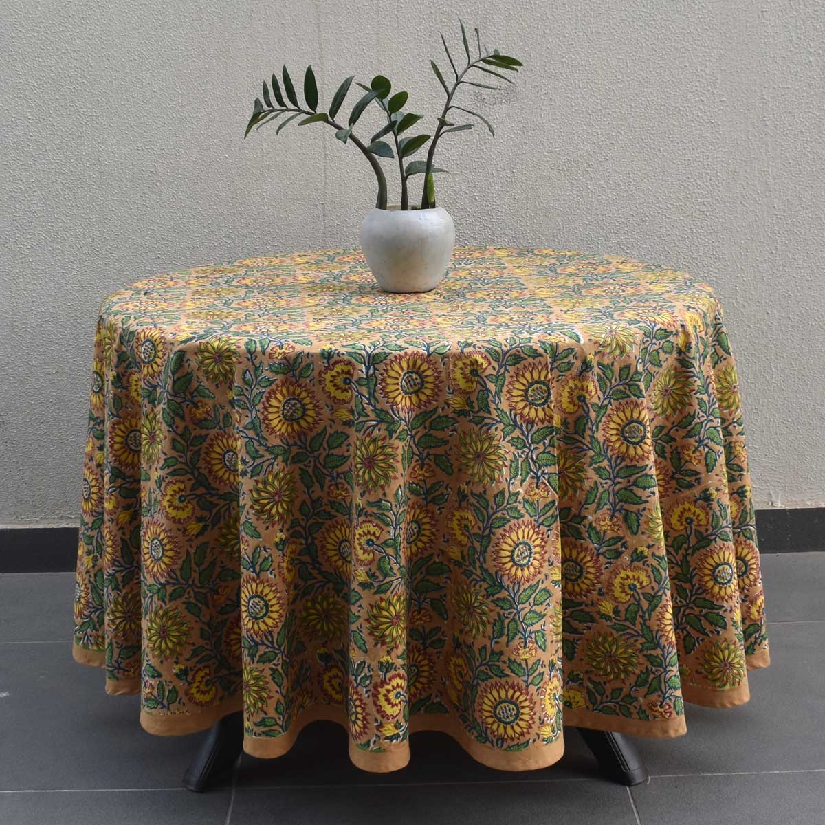 Hand Block Printed Cotton Round Tablecloth 150 cm Surajmukhi Canary Gud 102383