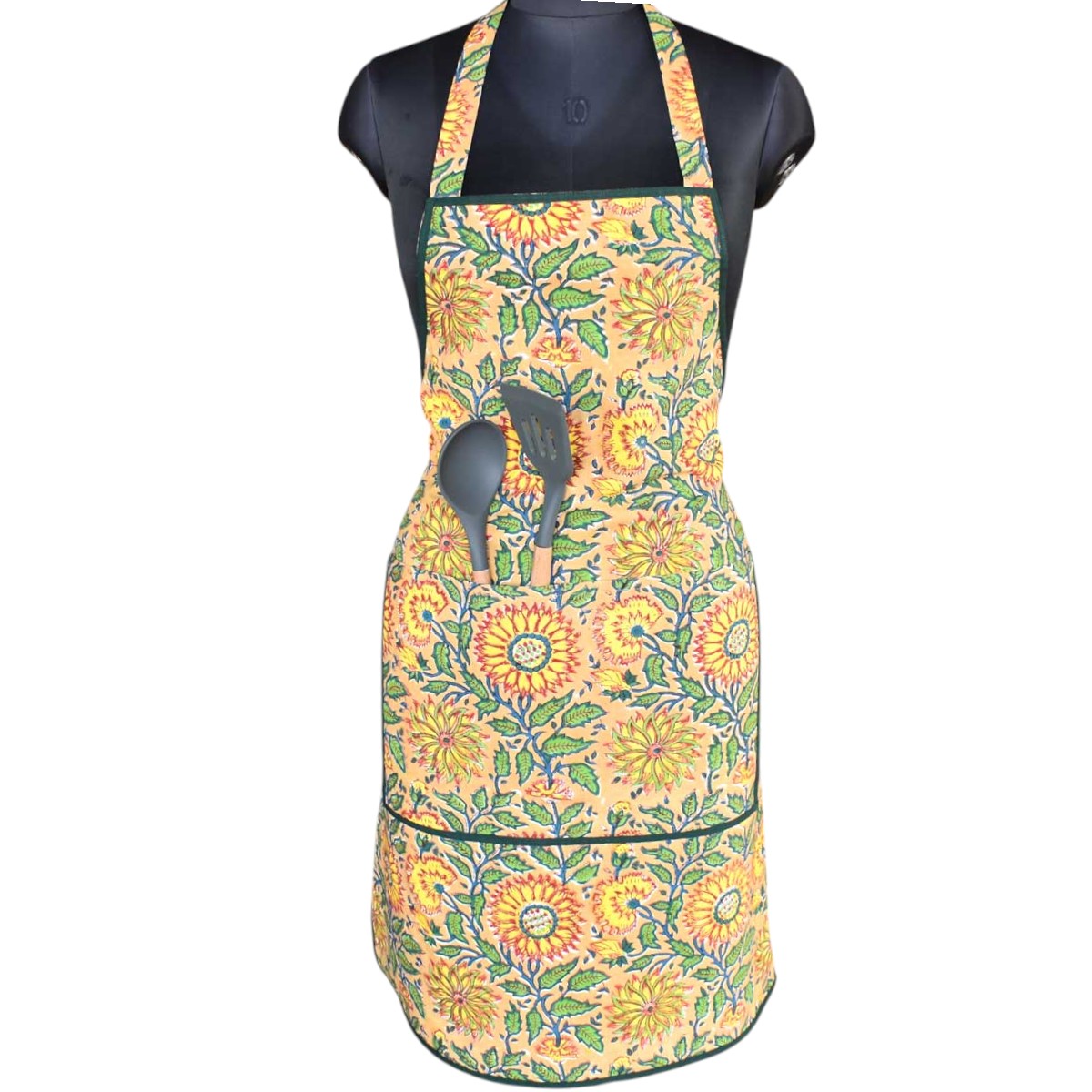 Indian Block-Printed 100 Cotton Apron Surajmukhi Canary Gud 102383