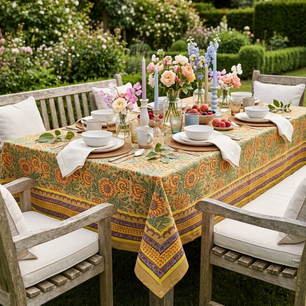 Image of Tablecloth 12 seater in Cotton Hand Block Printed Cotton Tablecloth 180x340 | Surajmukhi Canary Gud 102383