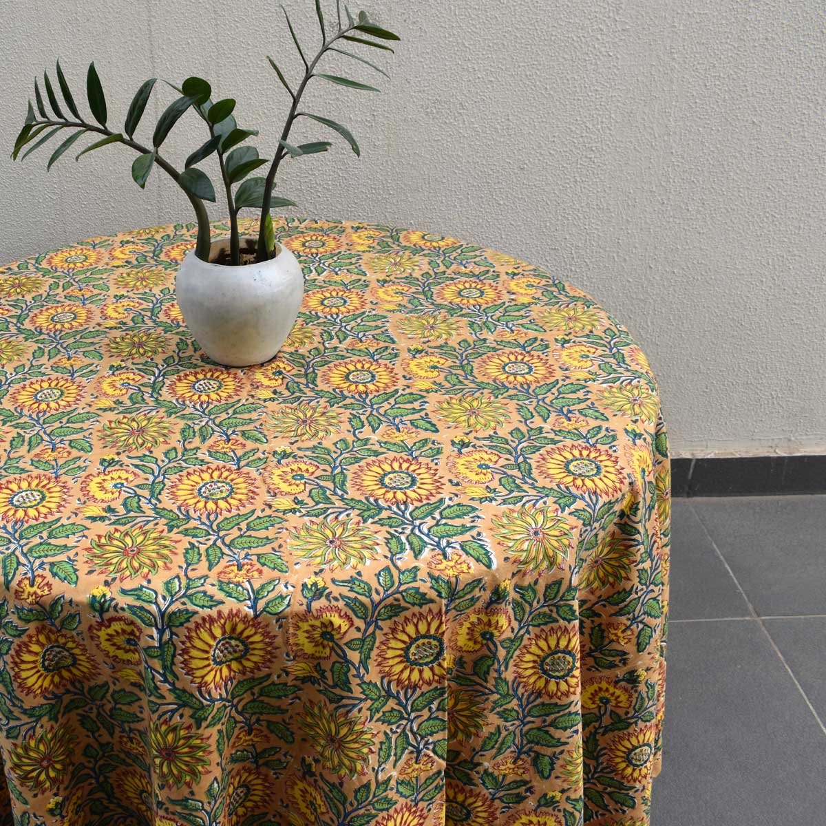 Hand Block Printed Cotton Round Tablecloth 150 cm Surajmukhi Canary Gud 102383