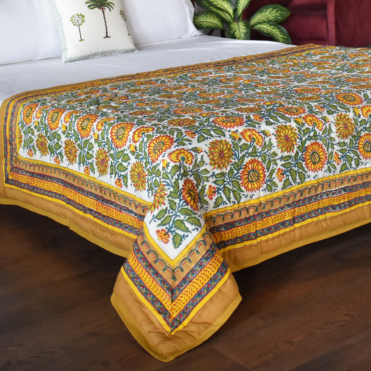 Hand Block Printed Cotton Twin Size Quilt  Surajmukhi Canary Gud 102383