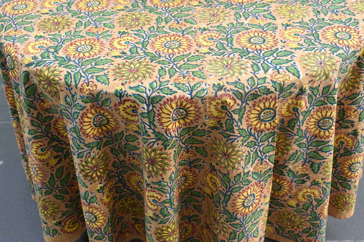 Hand Block Printed Cotton Round Tablecloth 150 cm Surajmukhi Canary Gud 102383