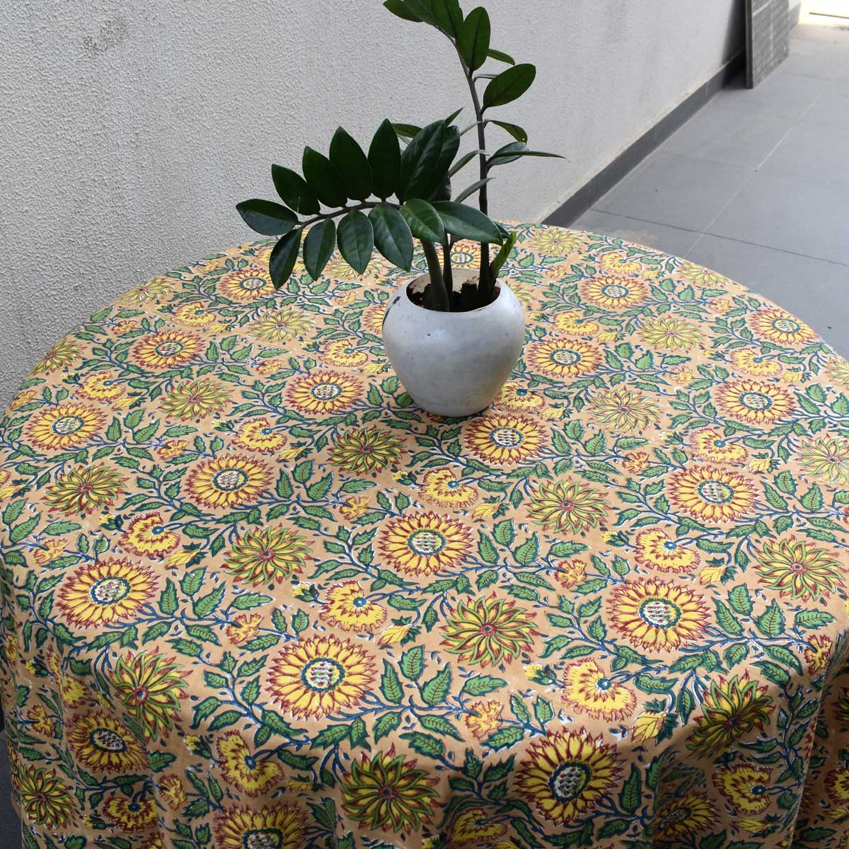 Hand Block Printed Cotton Round Tablecloth 180 cm Surajmukhi Canary Gud 102383