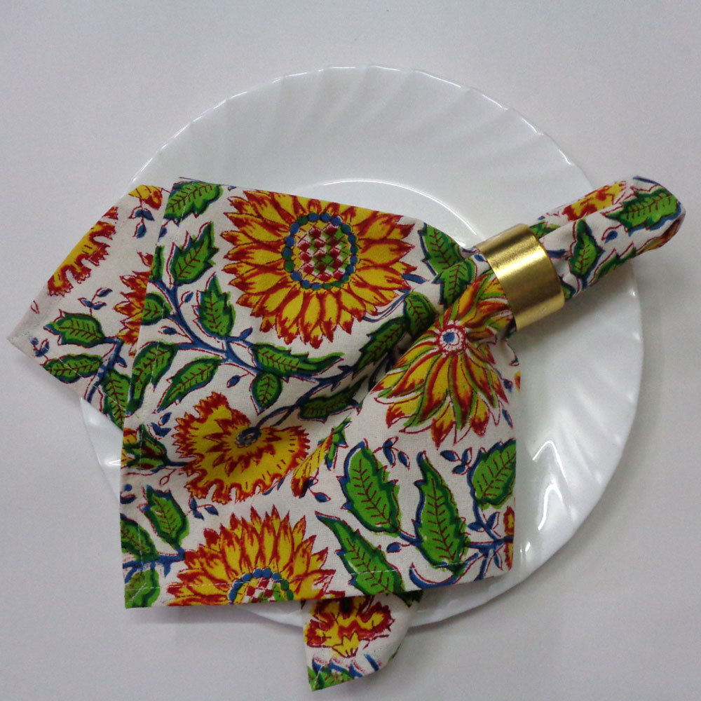 Hand Block Printed Cotton Napkin 45x45 Set of 4 Napkins Surajmukhi Canary Open 206589
