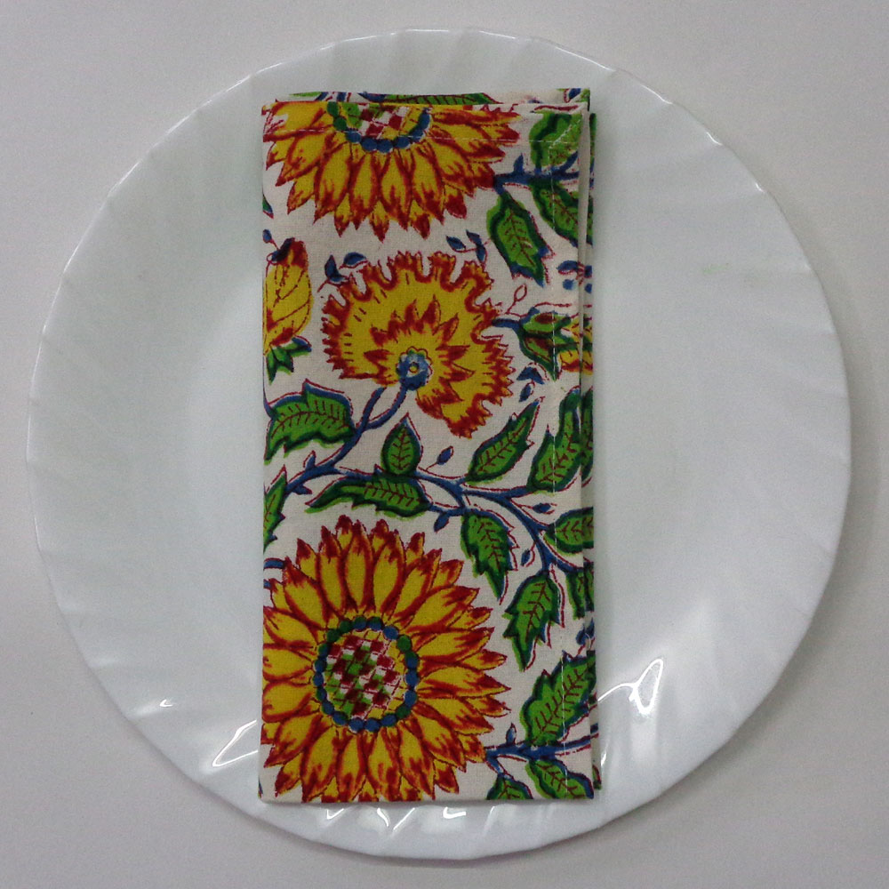 Hand Block Printed Cotton Napkin 45x45 Set of 4 Napkins Surajmukhi Canary Open 206589