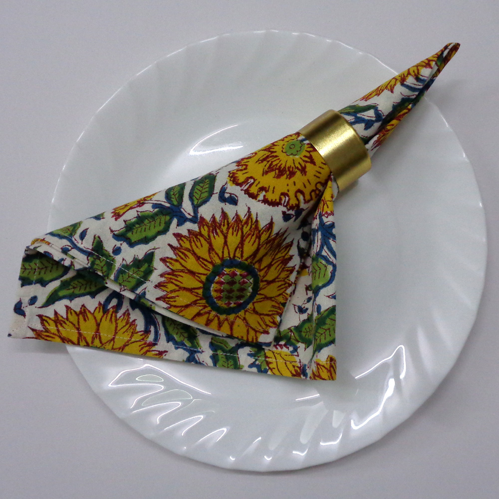 Hand Block Printed Cotton Napkin 45x45 Set of 4 Napkins Surajmukhi Canary Open 206589