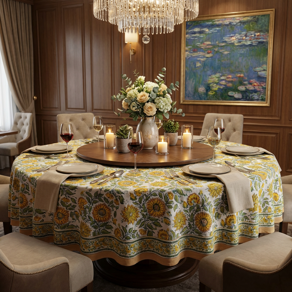 Hand Block Printed Cotton Round Tablecloth 220 cm Surajmukhi Canary Open 206589