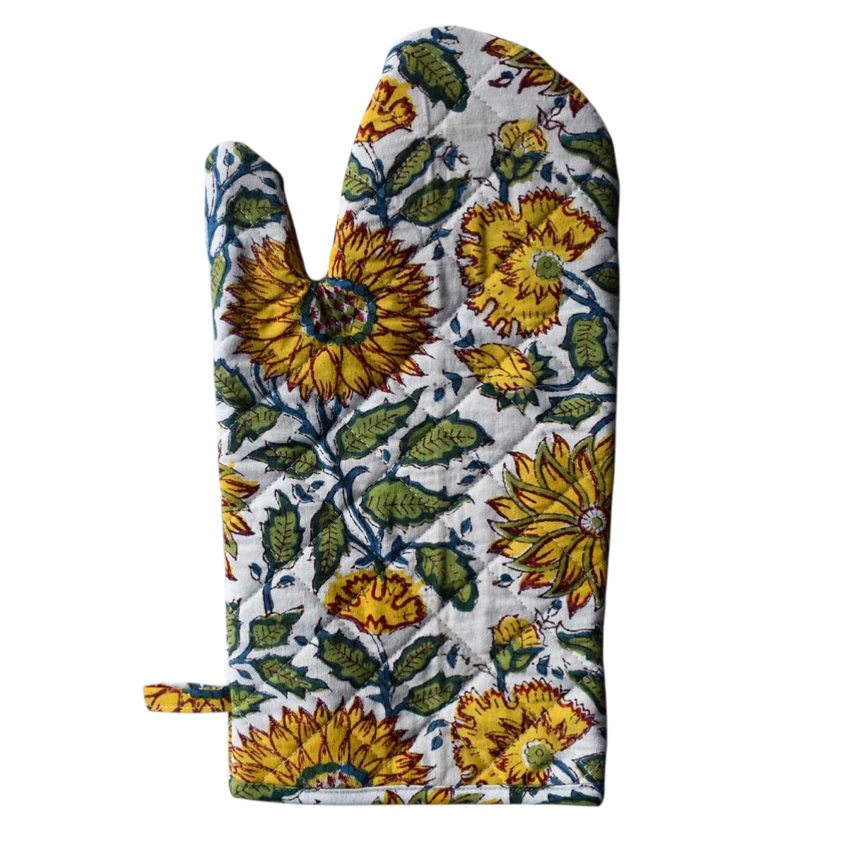 Artisan-Made Hand Block Printed Oven Mitt and Pot Holder Set Surajmukhi Canary Open 206589