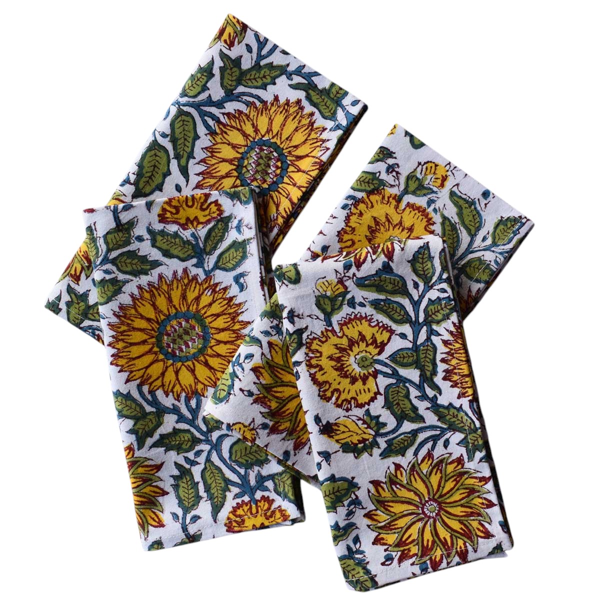 Hand Block Printed Cotton Napkin 45x45 Set of 4 Napkins Surajmukhi Canary Open 206589