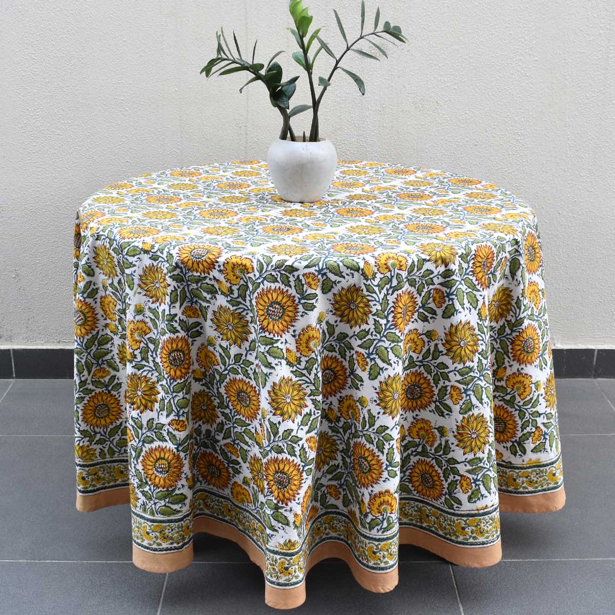 Hand Block Printed Cotton Round Tablecloth 220 cm Surajmukhi Canary Open 206589