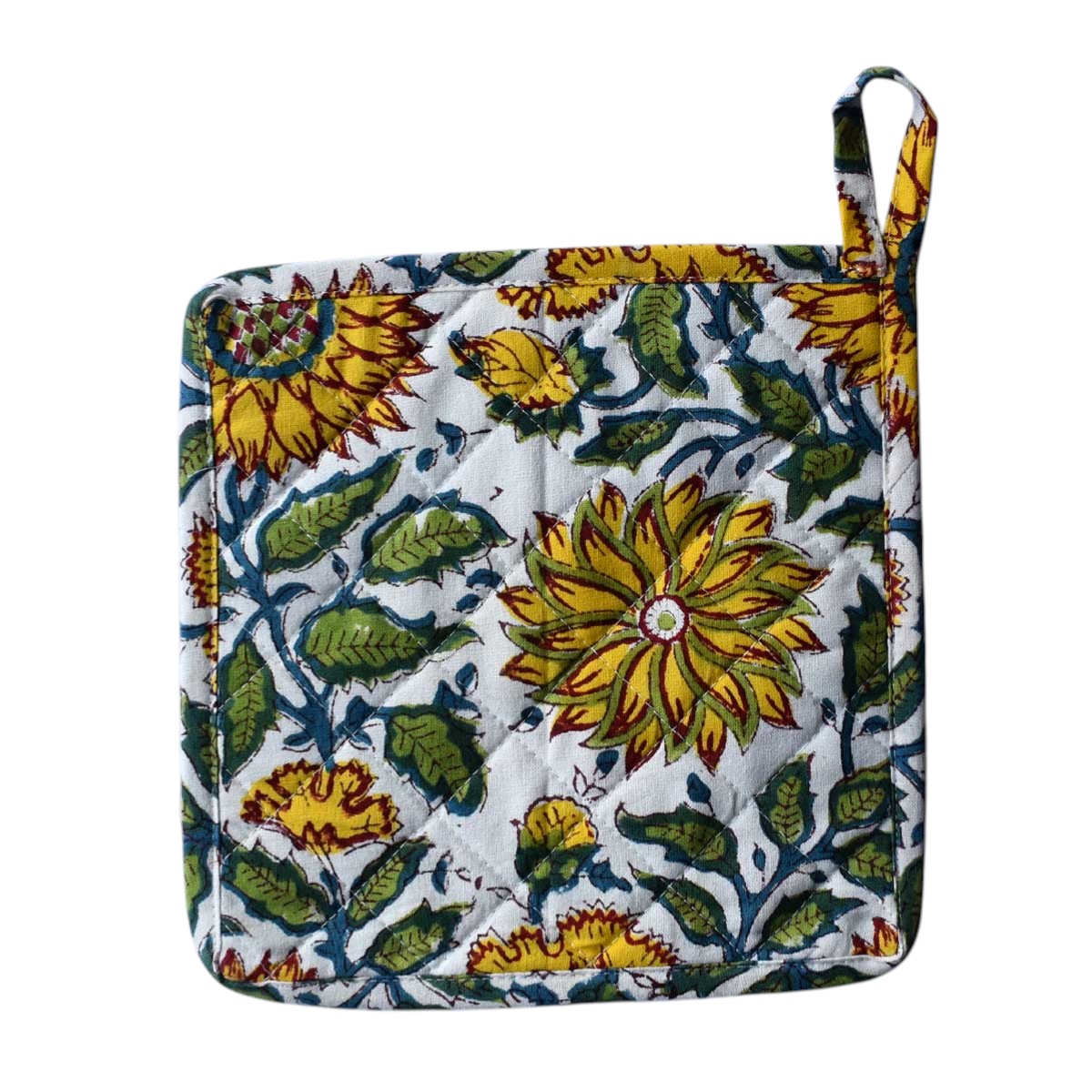 Artisan-Made Hand Block Printed Oven Mitt and Pot Holder Set Surajmukhi Canary Open 206589