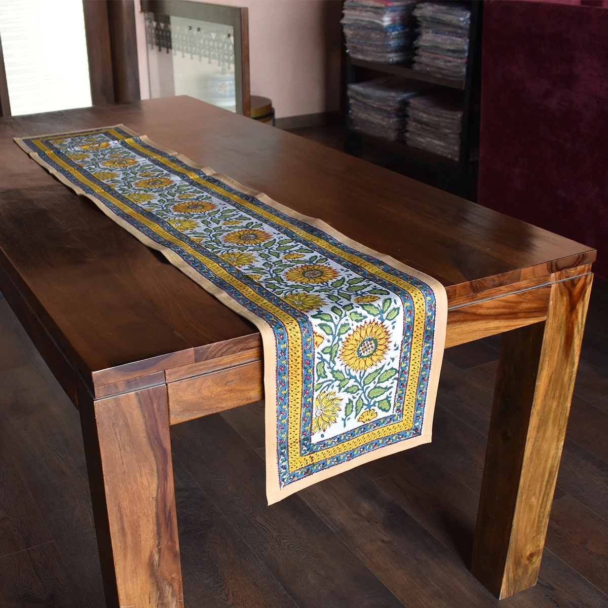 Hand Block Printed Cotton Canvas Table Runner 33x170 cms Surajmukhi Canary Open 206589