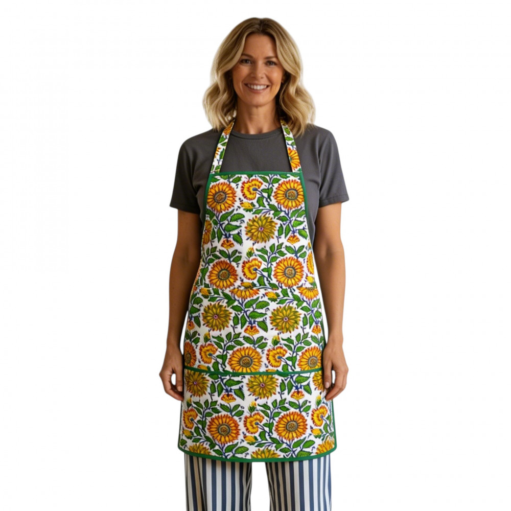 Image of Indian Block-Printed 100% Cotton Apron | Surajmukhi Canary Open 206589