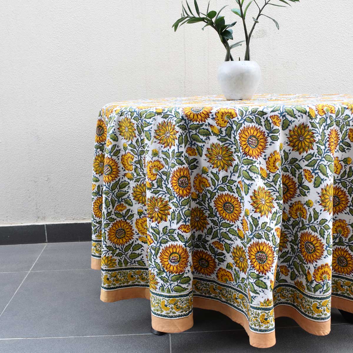 Hand Block Printed Cotton Round Tablecloth 220 cm Surajmukhi Canary Open 206589