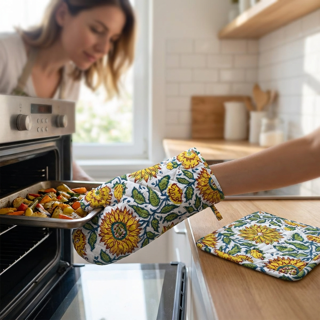 Artisan-Made Hand Block Printed Oven Mitt and Pot Holder Set Surajmukhi Canary Open 206589