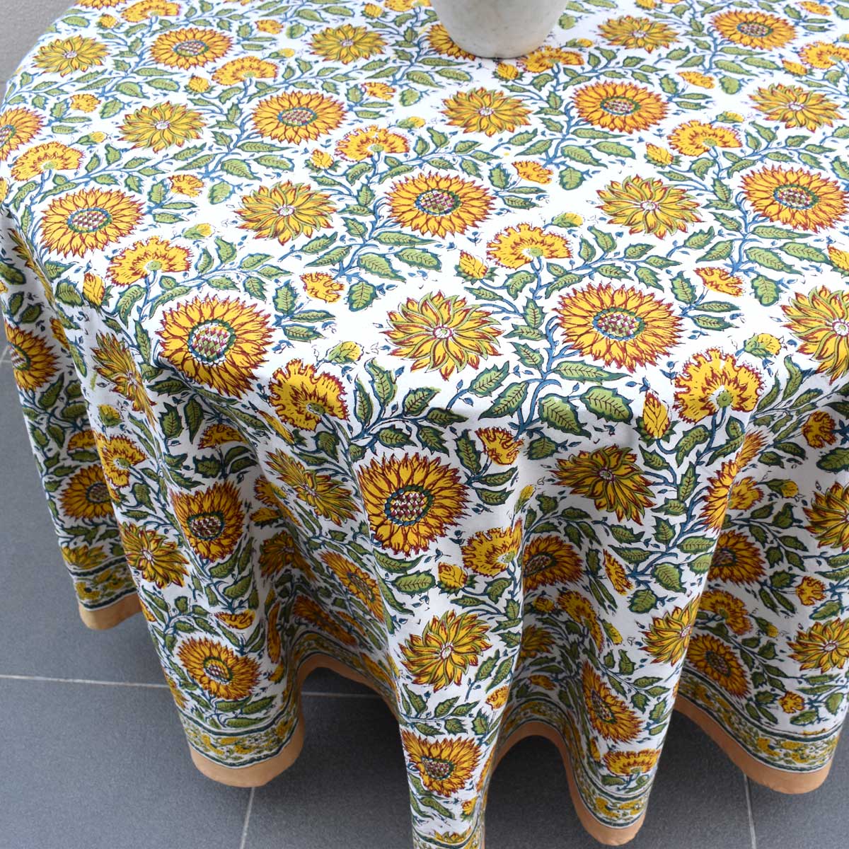 Hand Block Printed Cotton Round Tablecloth 220 cm Surajmukhi Canary Open 206589