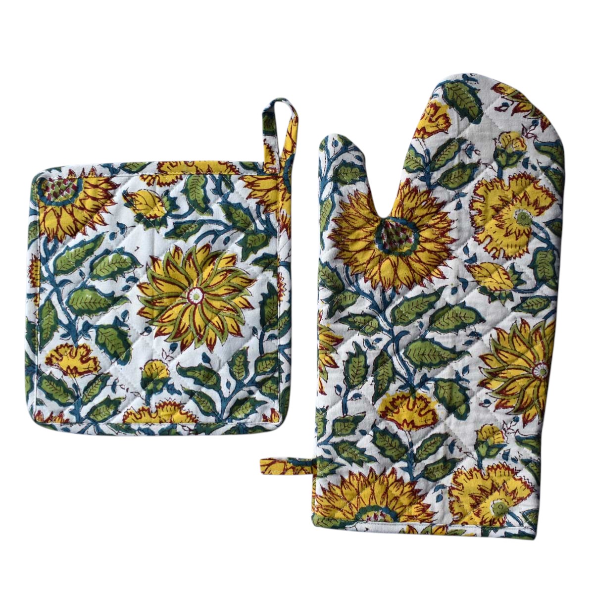 Artisan-Made Hand Block Printed Oven Mitt and Pot Holder Set Surajmukhi Canary Open 206589