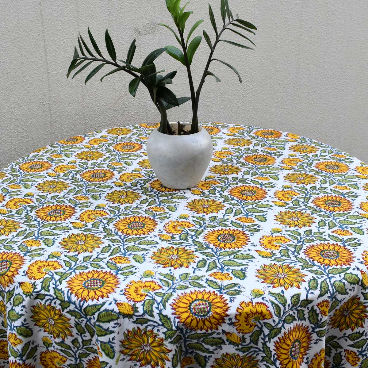 Hand Block Printed Cotton Round Tablecloth 220 cm Surajmukhi Canary Open 206589