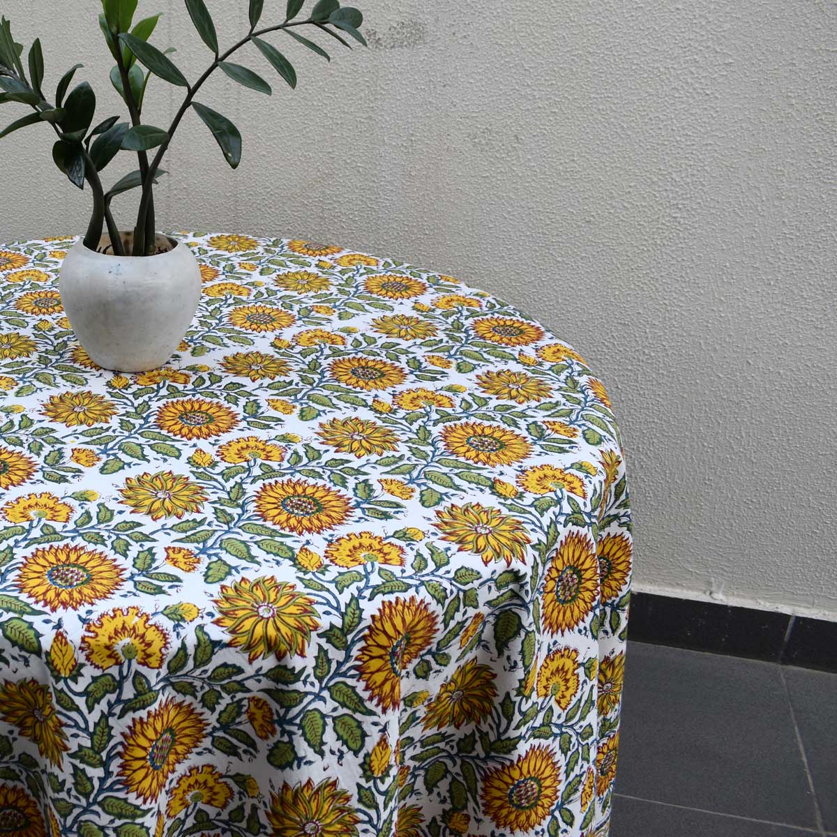 Hand Block Printed Cotton Round Tablecloth 220 cm Surajmukhi Canary Open 206589