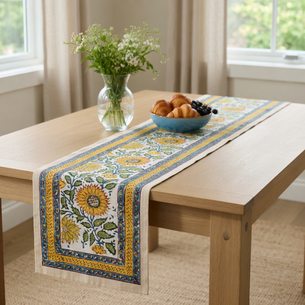 Hand Block Printed Cotton Canvas Table Runner 33x170 cms Surajmukhi Canary Open 206589
